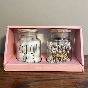 Rae Dunn cotton balls and swabs jar set with wood lids NWT